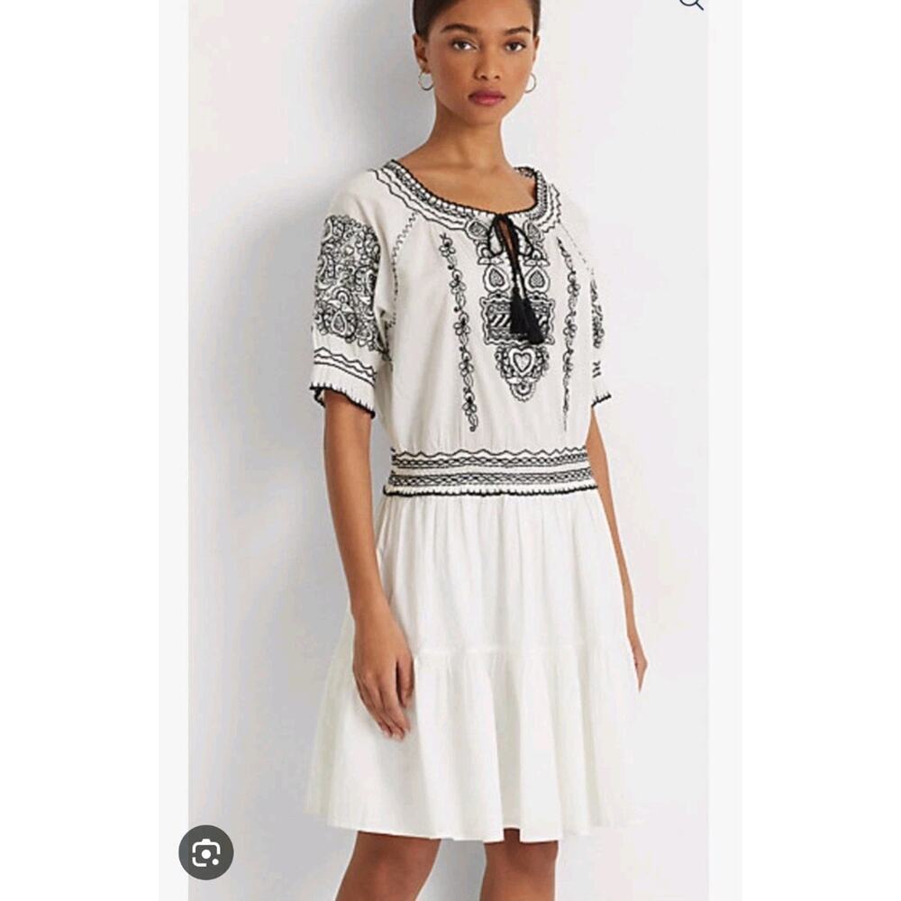 Lauren Ralph Lauren White Black Embroidered Cottagecore Smocked Mini Dress Sz 10